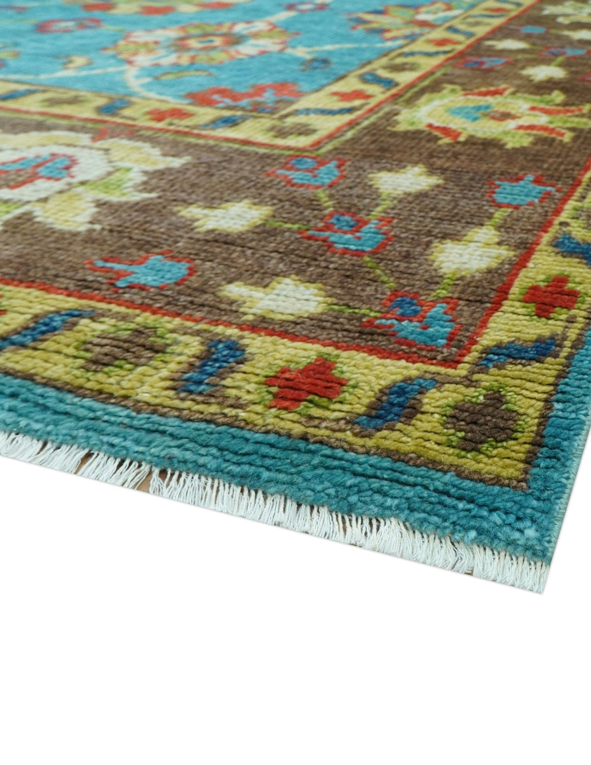 Custom Made Blue And Brown Traditional Floral Hand Knotted Wool Rug.