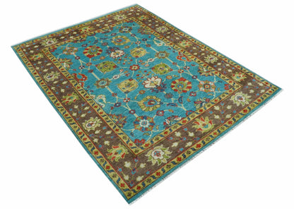 Custom Made Blue And Brown Traditional Floral Hand Knotted Wool Rug.