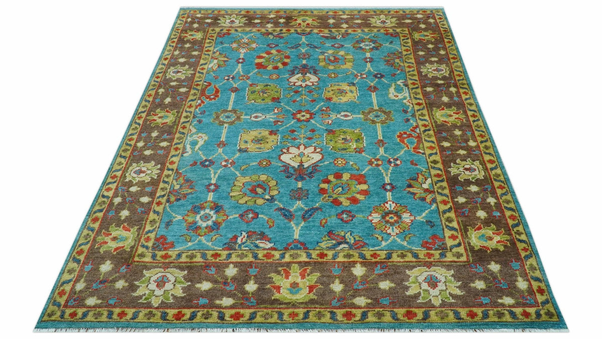 Custom Made Blue And Brown Traditional Floral Hand Knotted Wool Rug.