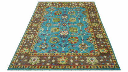 Custom Made Blue And Brown Traditional Floral Hand Knotted Wool Rug.