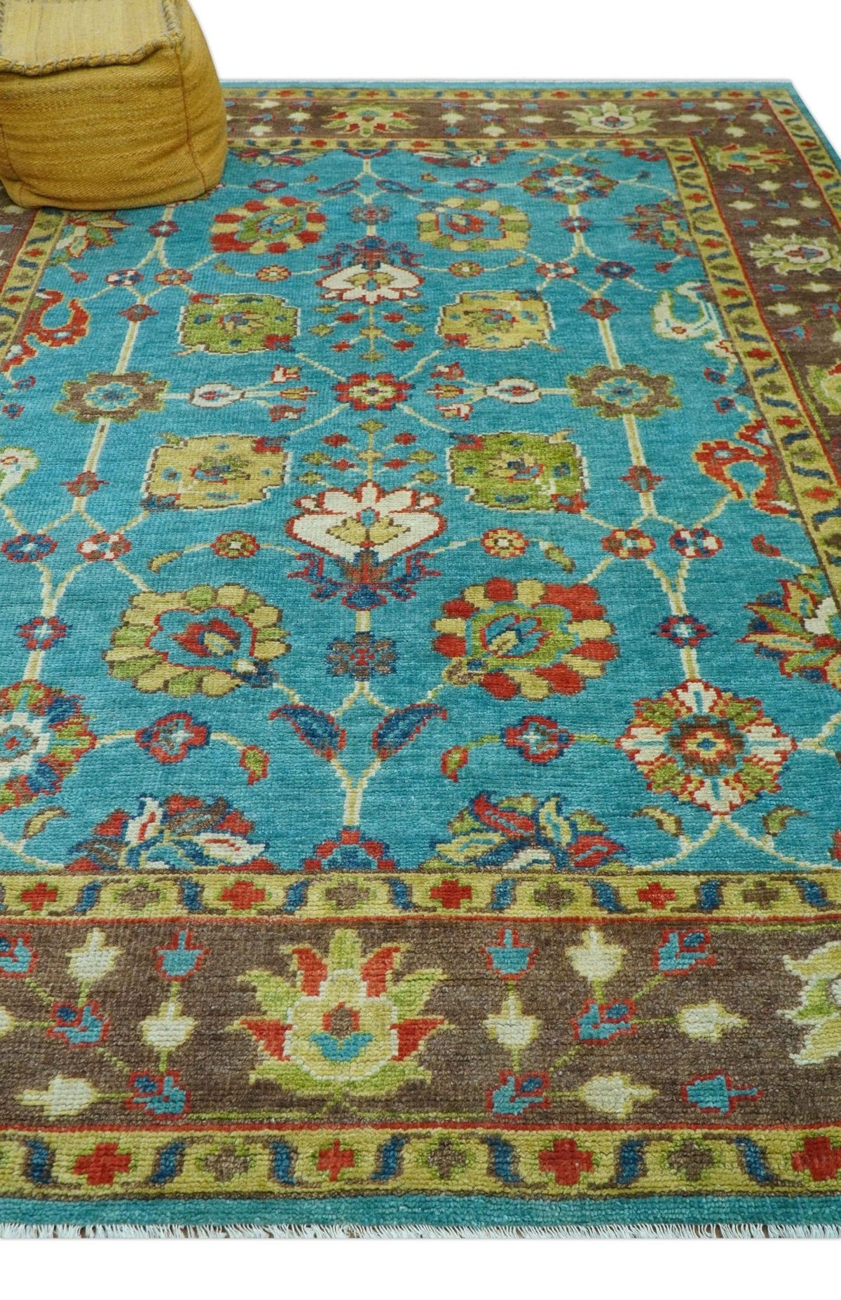 Custom Made Blue And Brown Traditional Floral Hand Knotted Wool Rug.