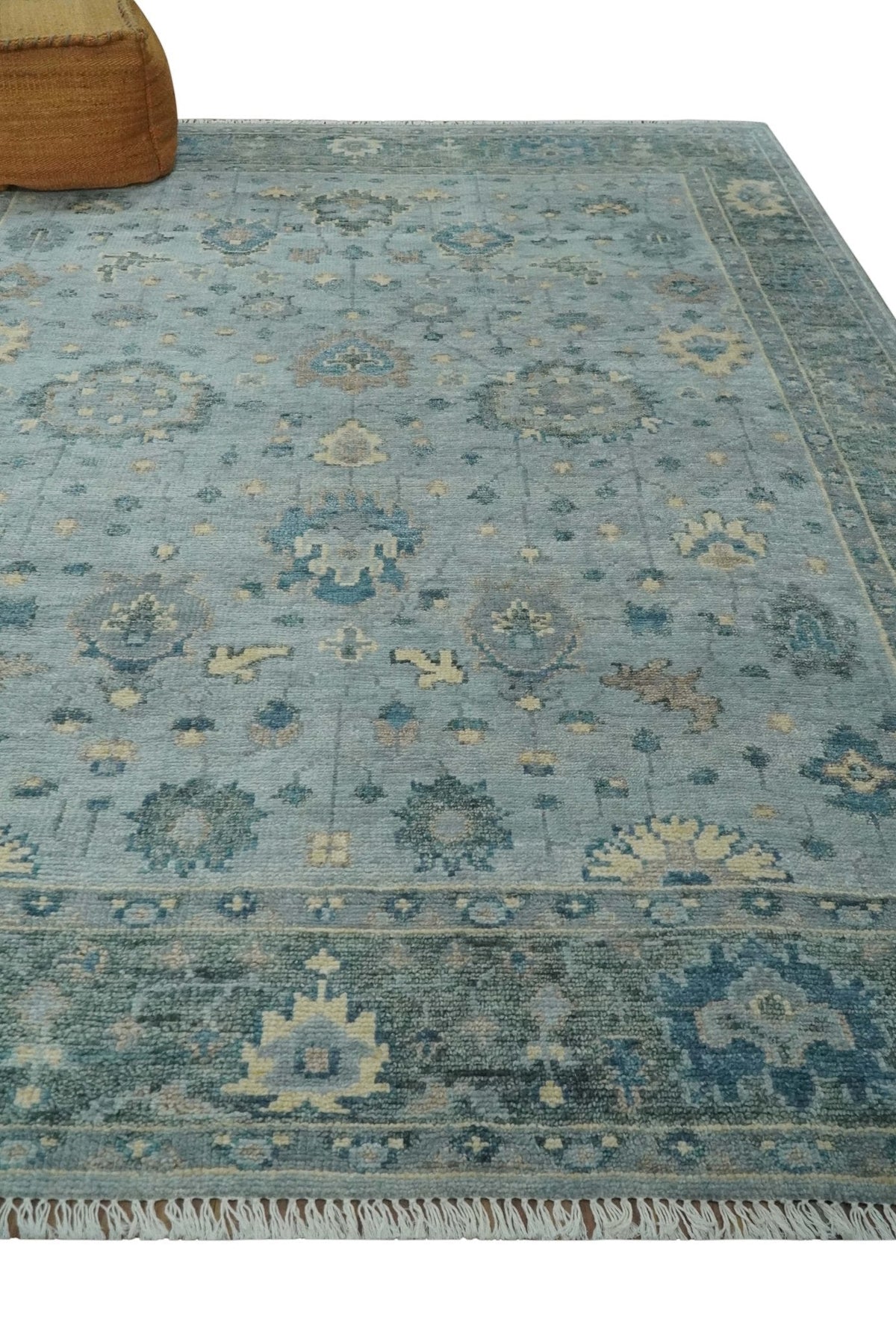 Custom Made Blue and Green Hand knotted traditional Oushak wool Area Rug.