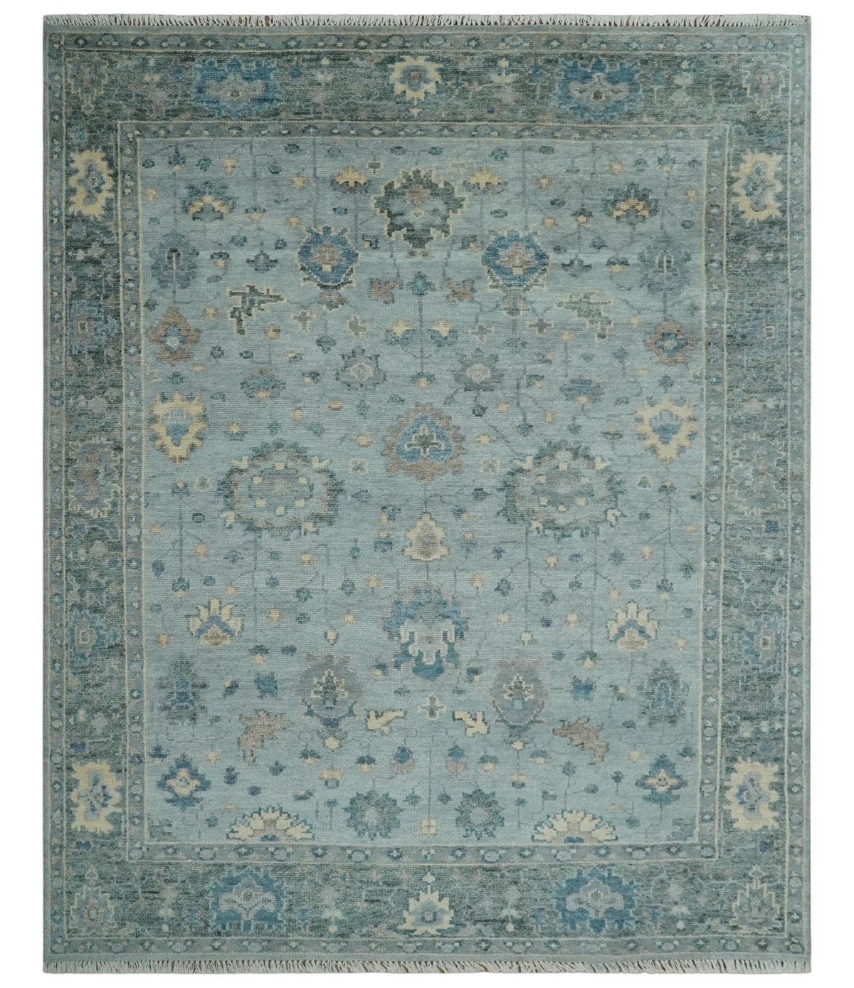 Custom Made Blue and Green Hand knotted traditional Oushak wool Area Rug.