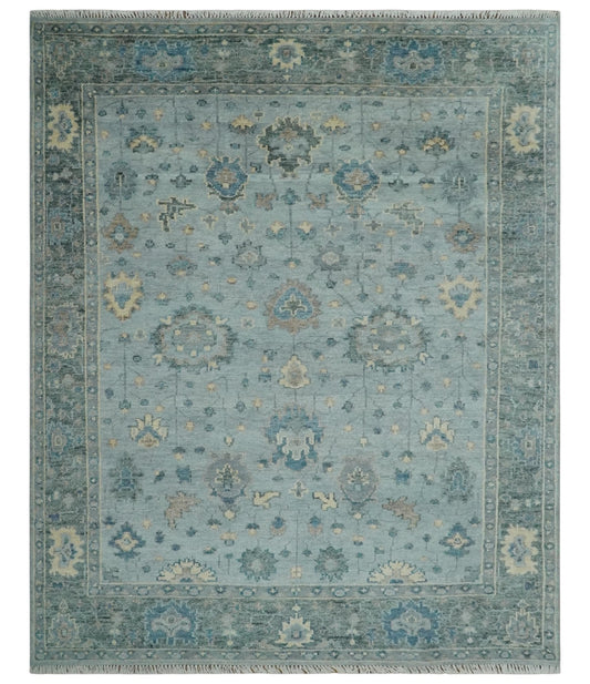 Custom Made Blue and Green Hand knotted traditional Oushak wool Area Rug.