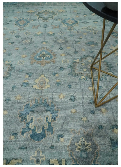 Custom Made Blue and Green Hand knotted traditional Oushak wool Area Rug.