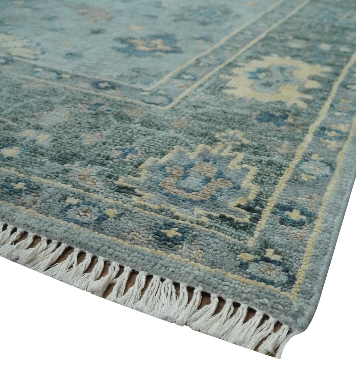 Custom Made Blue and Green Hand knotted traditional Oushak wool Area Rug.