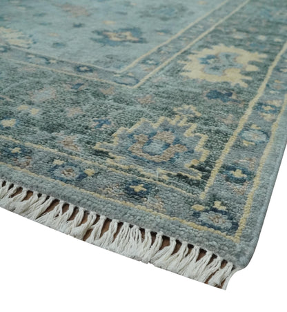 Custom Made Blue and Green Hand knotted traditional Oushak wool Area Rug.