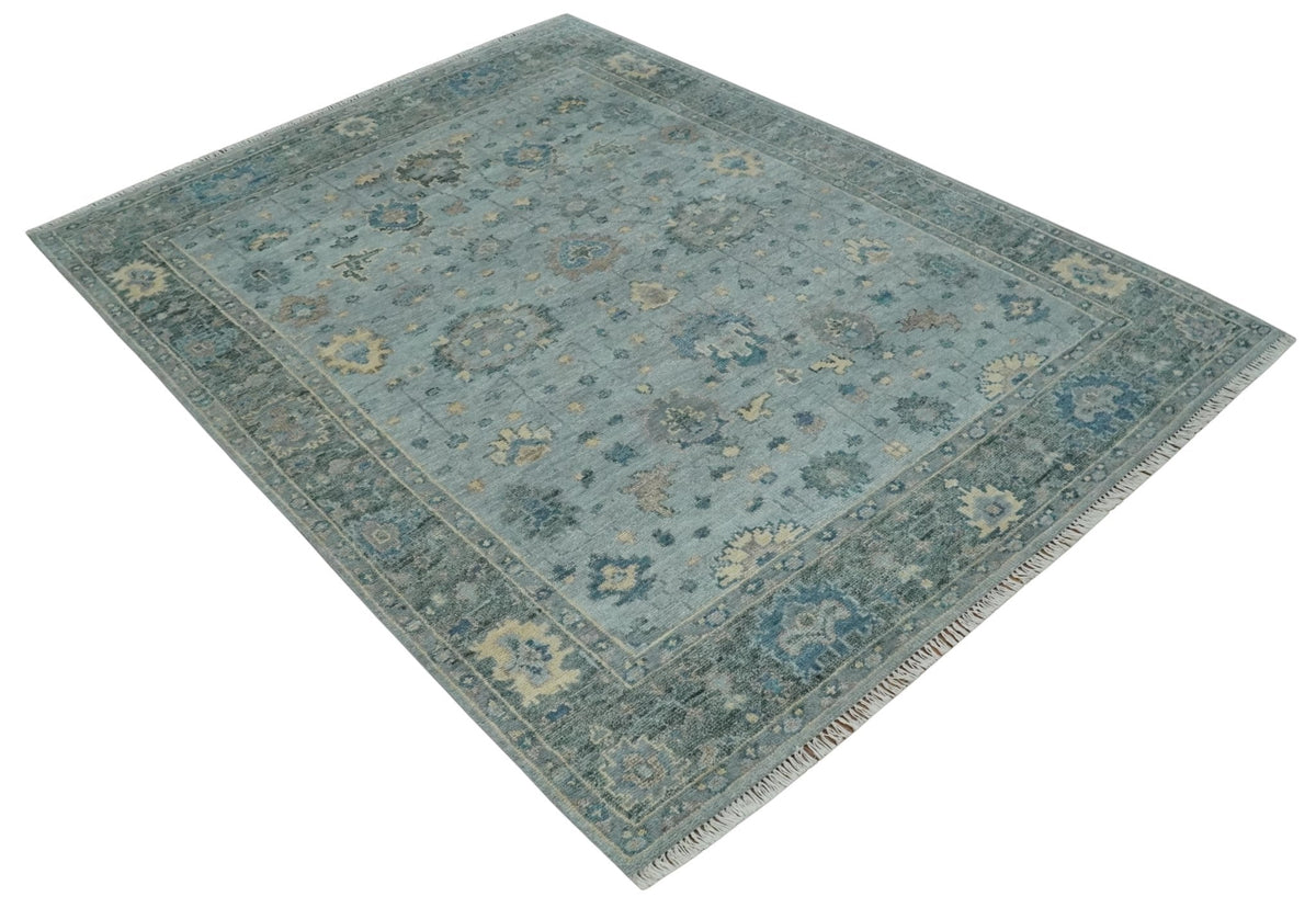 Custom Made Blue and Green Hand knotted traditional Oushak wool Area Rug.