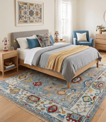 Custom Made Blue and Ivory colorful Hand knotted Oushak wool Area Rug.