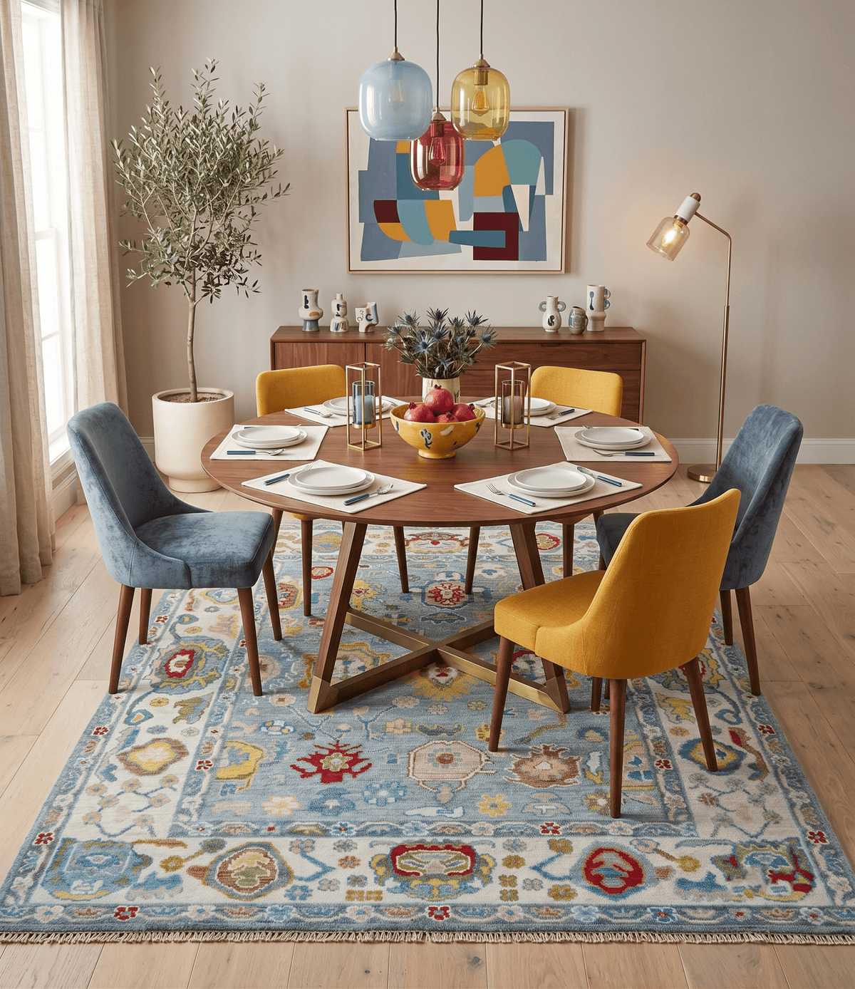 Custom Made Blue and Ivory colorful Hand knotted Oushak wool Area Rug.