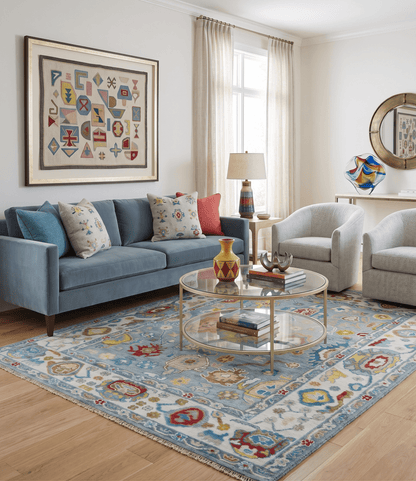 Custom Made Blue and Ivory colorful Hand knotted Oushak wool Area Rug.