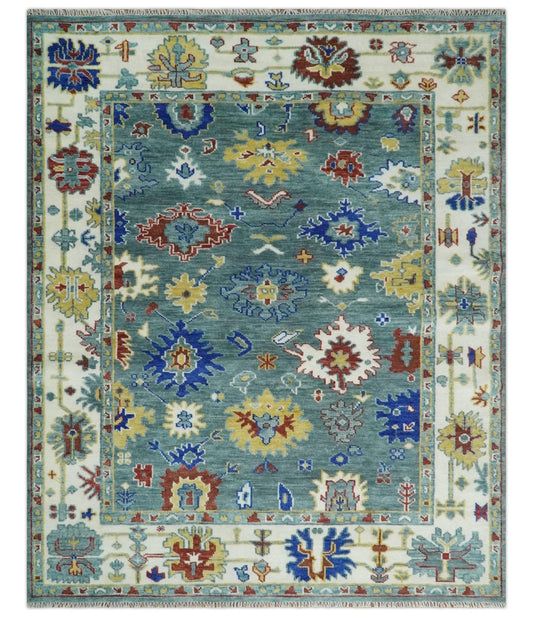 Custom Made Blue and Ivory Colorful Hand knotted Traditional Oushak wool Area Rug.