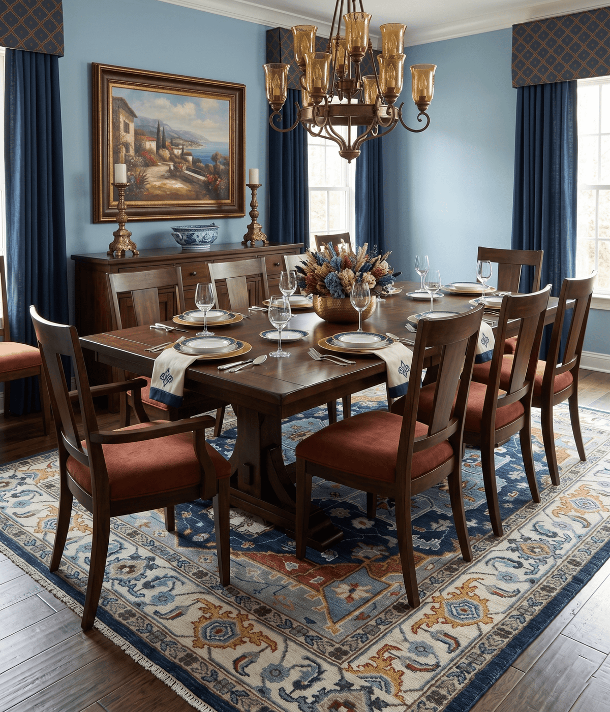 Custom Made Blue and Ivory Hand Knotted Medallion Design Wool Area Rug.