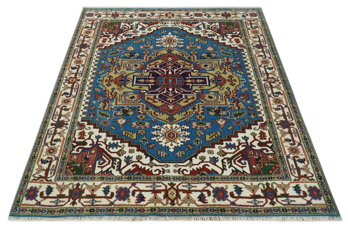 Custom Made Blue and Ivory Medallion Hand knotted Traditional wool Area Rug.