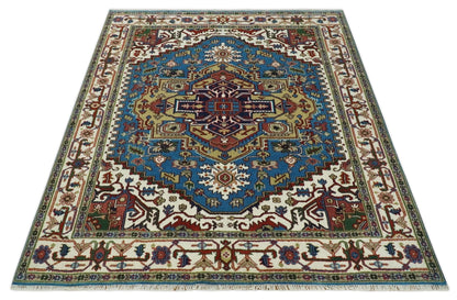 Custom Made Blue and Ivory Medallion Hand knotted Traditional wool Area Rug.