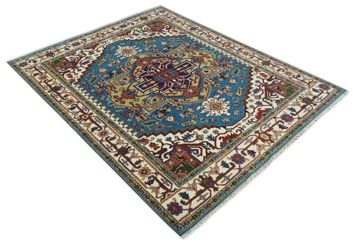 Custom Made Blue and Ivory Medallion Hand knotted Traditional wool Area Rug.