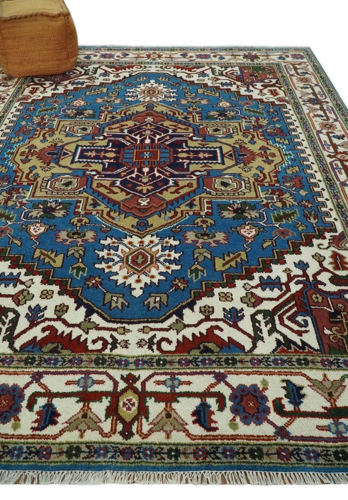 Custom Made Blue and Ivory Medallion Hand knotted Traditional wool Area Rug.