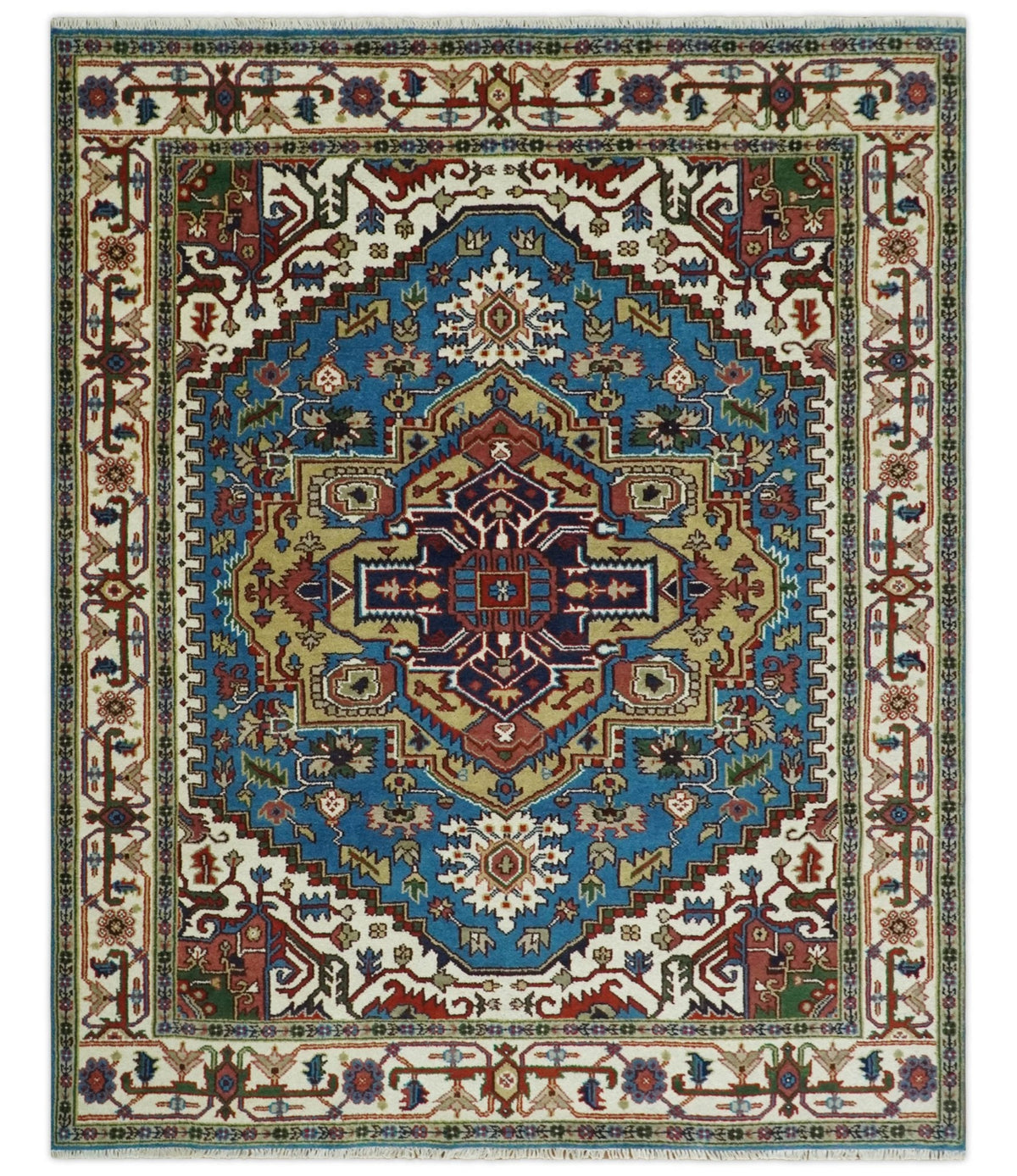 Custom Made Blue and Ivory Medallion Hand knotted Traditional wool Area Rug.