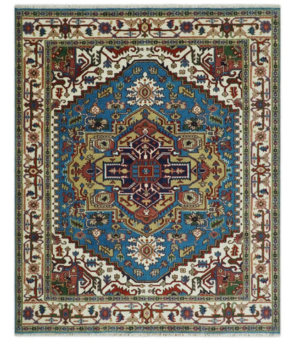Custom Made Blue and Ivory Medallion Hand knotted Traditional wool Area Rug.