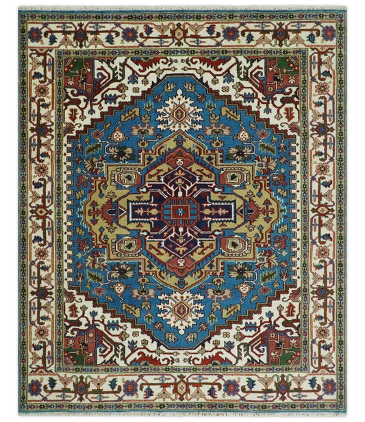 Custom Made Blue and Ivory Medallion Hand knotted Traditional wool Area Rug.