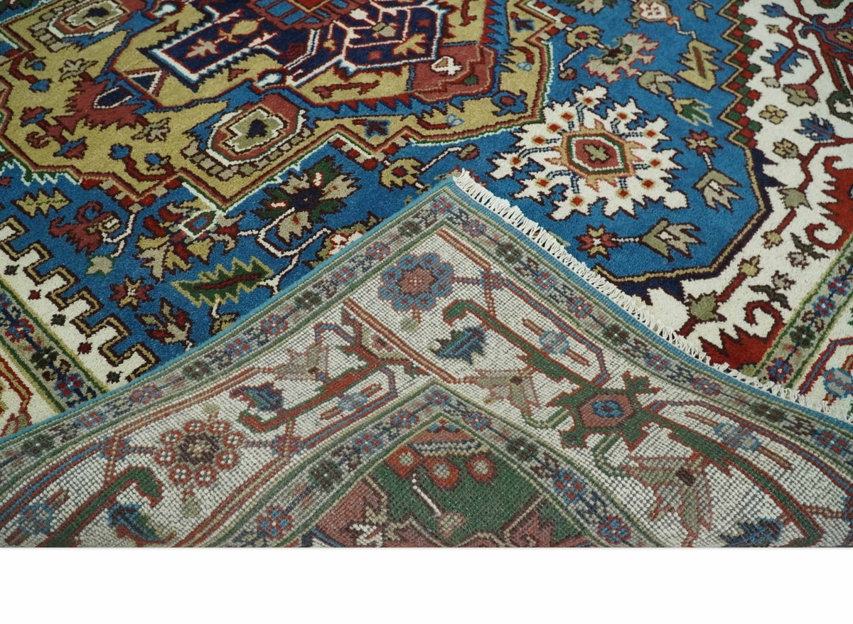 Custom Made Blue and Ivory Medallion Hand knotted Traditional wool Area Rug.