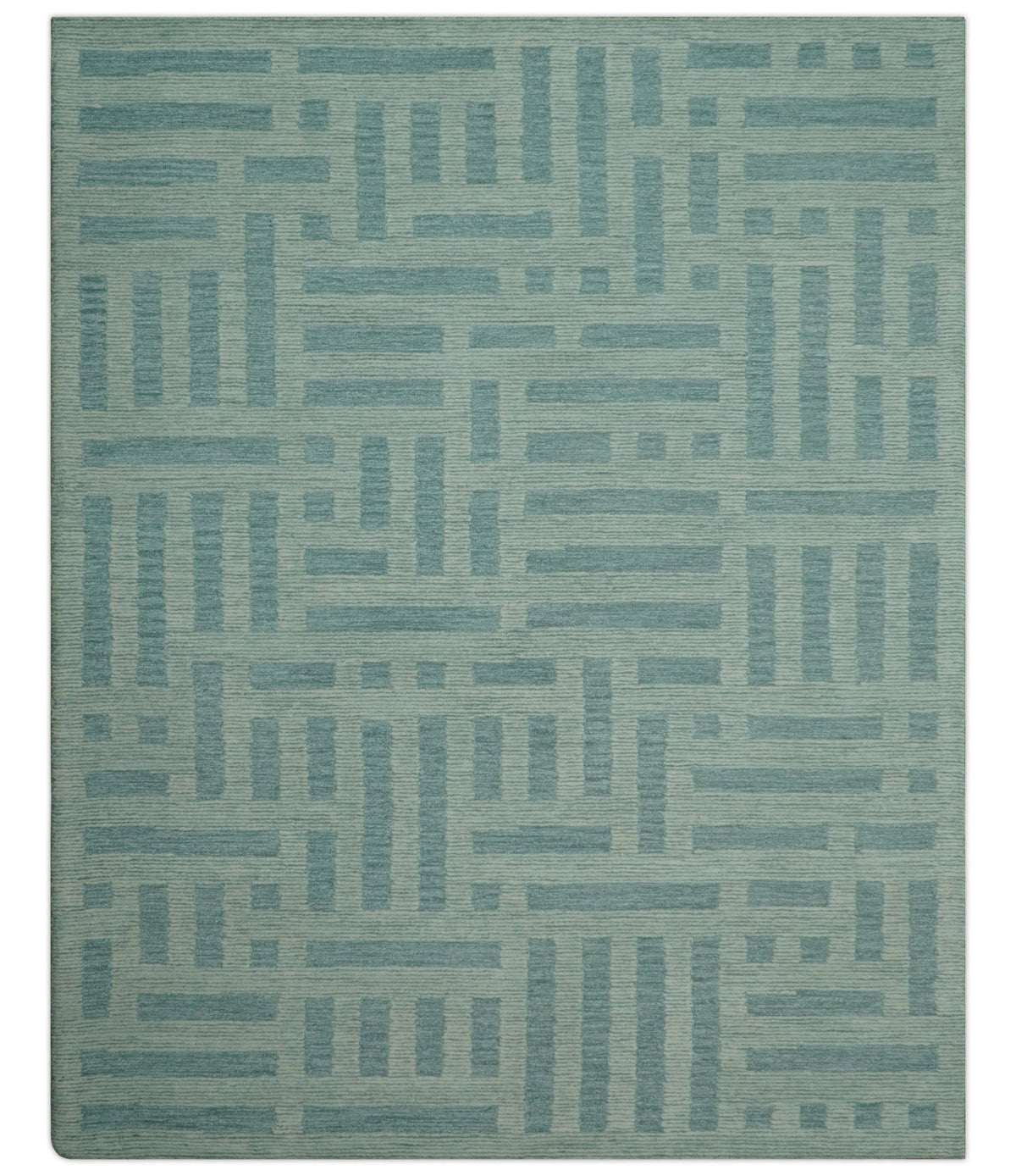 Custom Made Blue And Ivory Modern Abstract Pattern Hand Tufted Wool Area Rug.