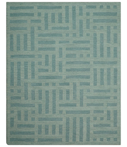 Custom Made Blue And Ivory Modern Abstract Pattern Hand Tufted Wool Area Rug.