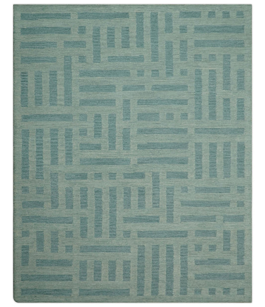 Custom Made Blue And Ivory Modern Abstract Pattern Hand Tufted Wool Area Rug.