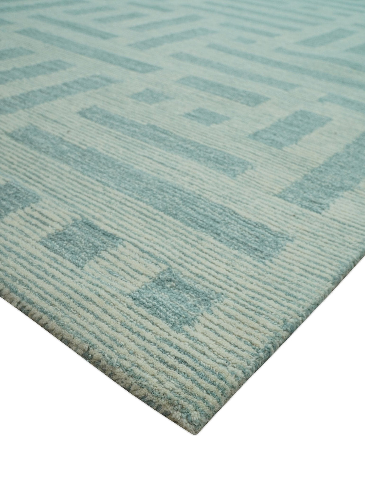Custom Made Blue And Ivory Modern Abstract Pattern Hand Tufted Wool Area Rug.
