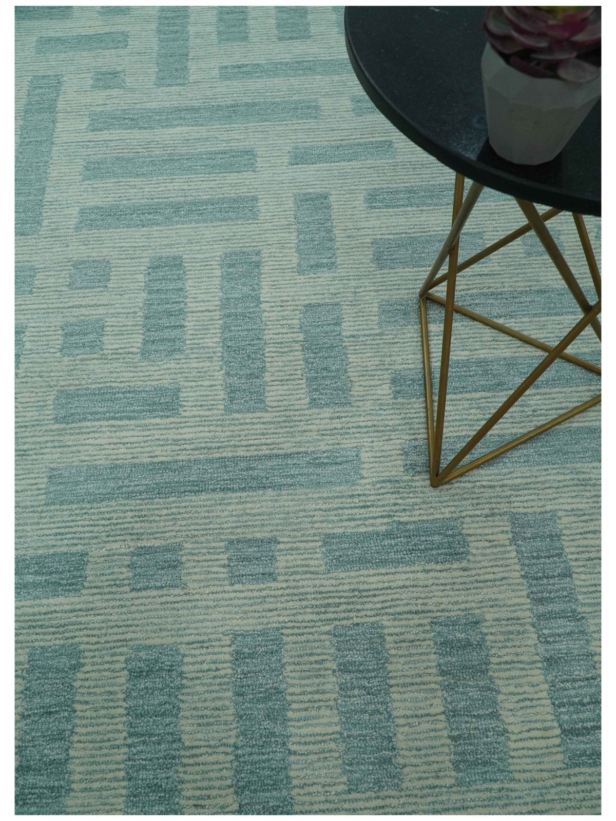 Custom Made Blue And Ivory Modern Abstract Pattern Hand Tufted Wool Area Rug.