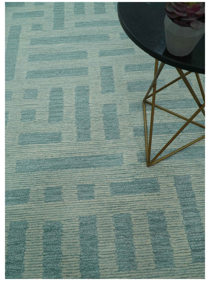 Custom Made Blue And Ivory Modern Abstract Pattern Hand Tufted Wool Area Rug.