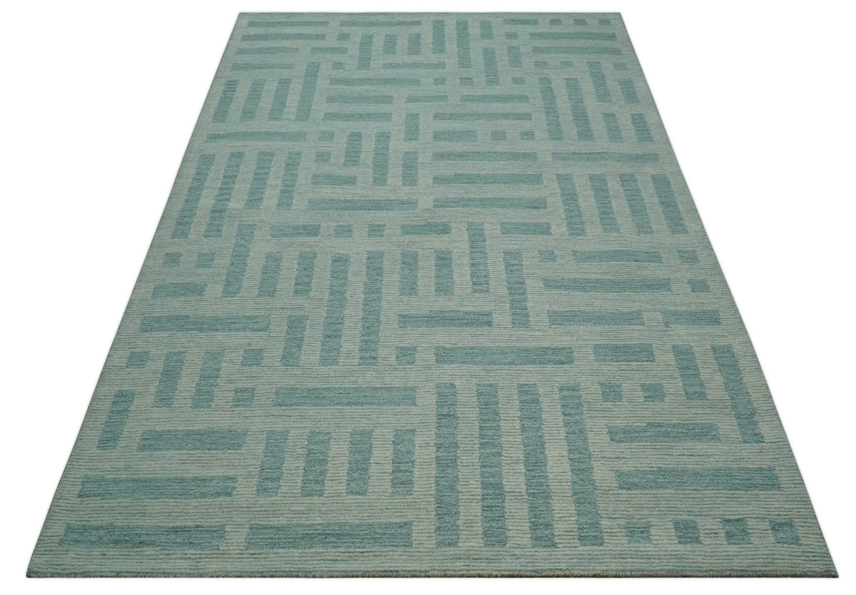 Custom Made Blue And Ivory Modern Abstract Pattern Hand Tufted Wool Area Rug.