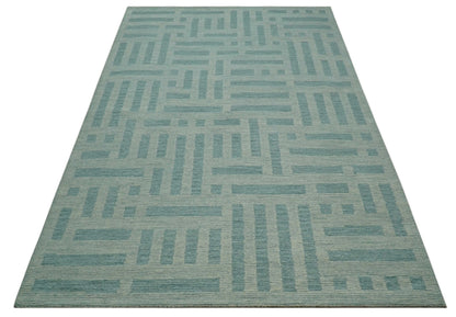 Custom Made Blue And Ivory Modern Abstract Pattern Hand Tufted Wool Area Rug.