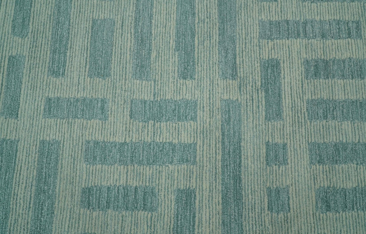 Custom Made Blue And Ivory Modern Abstract Pattern Hand Tufted Wool Area Rug.