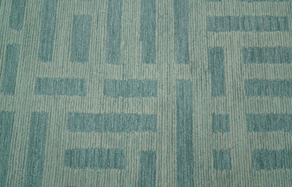 Custom Made Blue And Ivory Modern Abstract Pattern Hand Tufted Wool Area Rug.