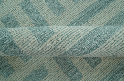 Custom Made Blue And Ivory Modern Abstract Pattern Hand Tufted Wool Area Rug.