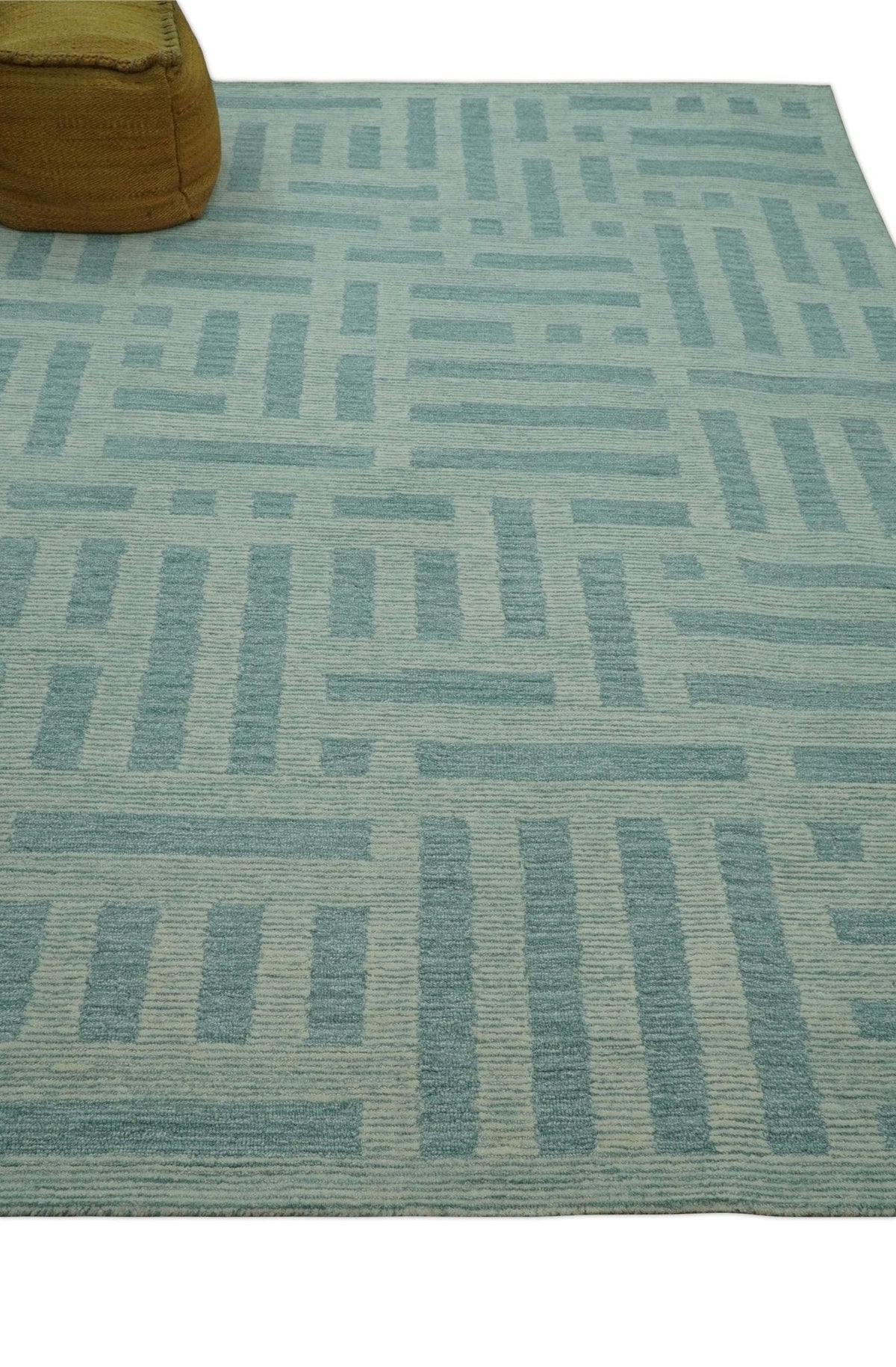 Custom Made Blue And Ivory Modern Abstract Pattern Hand Tufted Wool Area Rug.
