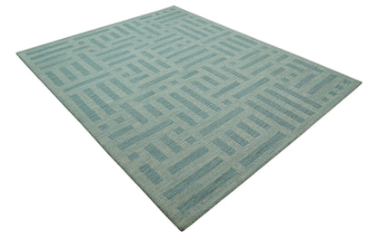 Custom Made Blue And Ivory Modern Abstract Pattern Hand Tufted Wool Area Rug.