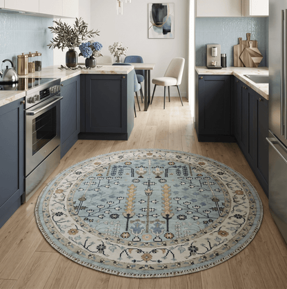 Custom Made Blue And Ivory Tree of life Round Hand Knotted Rug.