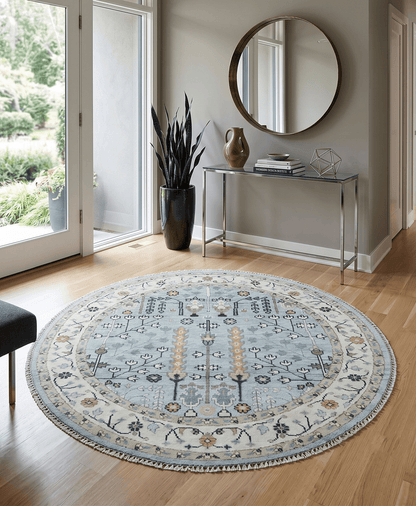 Custom Made Blue And Ivory Tree of life Round Hand Knotted Rug.