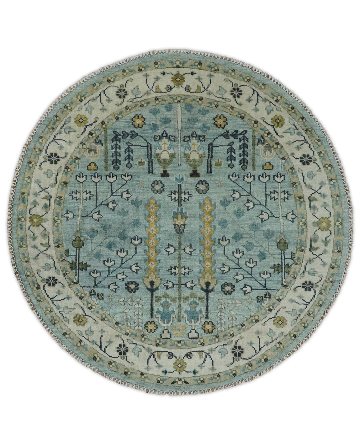 Custom Made Blue And Ivory Tree of life Round Hand Knotted Rug.