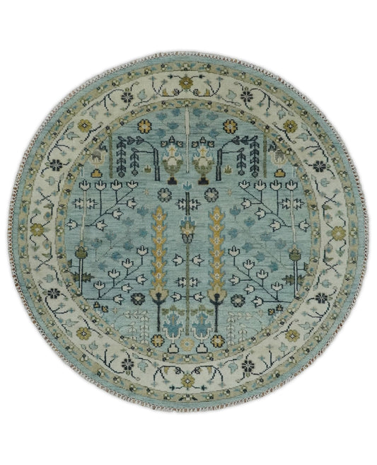 Custom Made Blue And Ivory Tree of life Round Hand Knotted Rug.