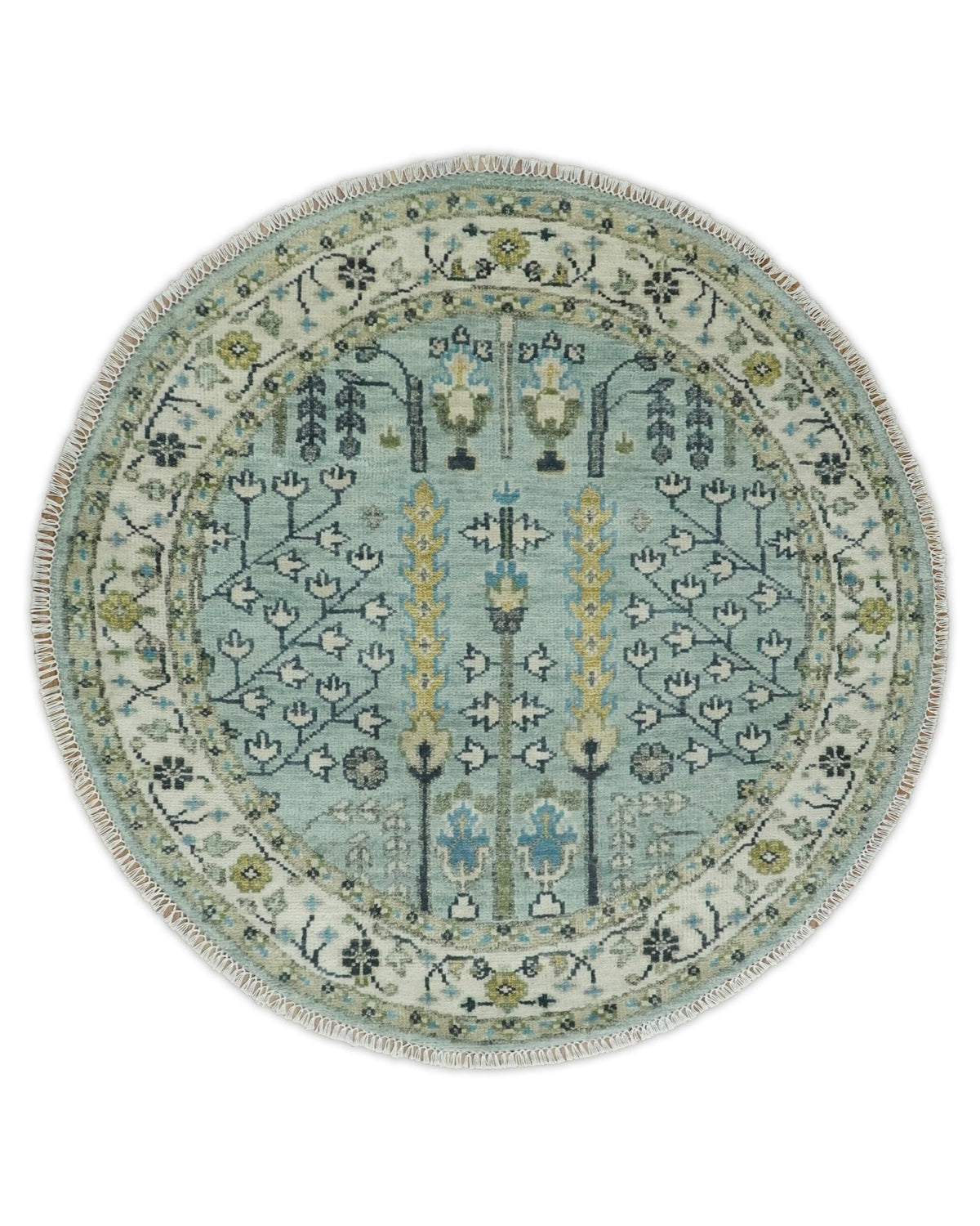 Custom Made Blue And Ivory Tree of life Round Hand Knotted Rug.