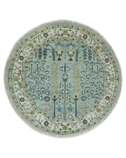 Custom Made Blue And Ivory Tree of life Round Hand Knotted Rug.