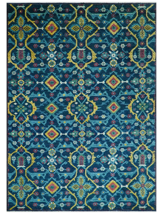 Custom Made Blue And Mustard Traditional Floral Motifs Hand Knotted Wool Rug.
