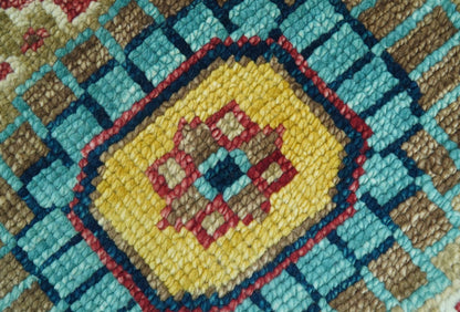 Custom Made Blue And Olive Traditional Medallion Hand Knotted Wool Rug.