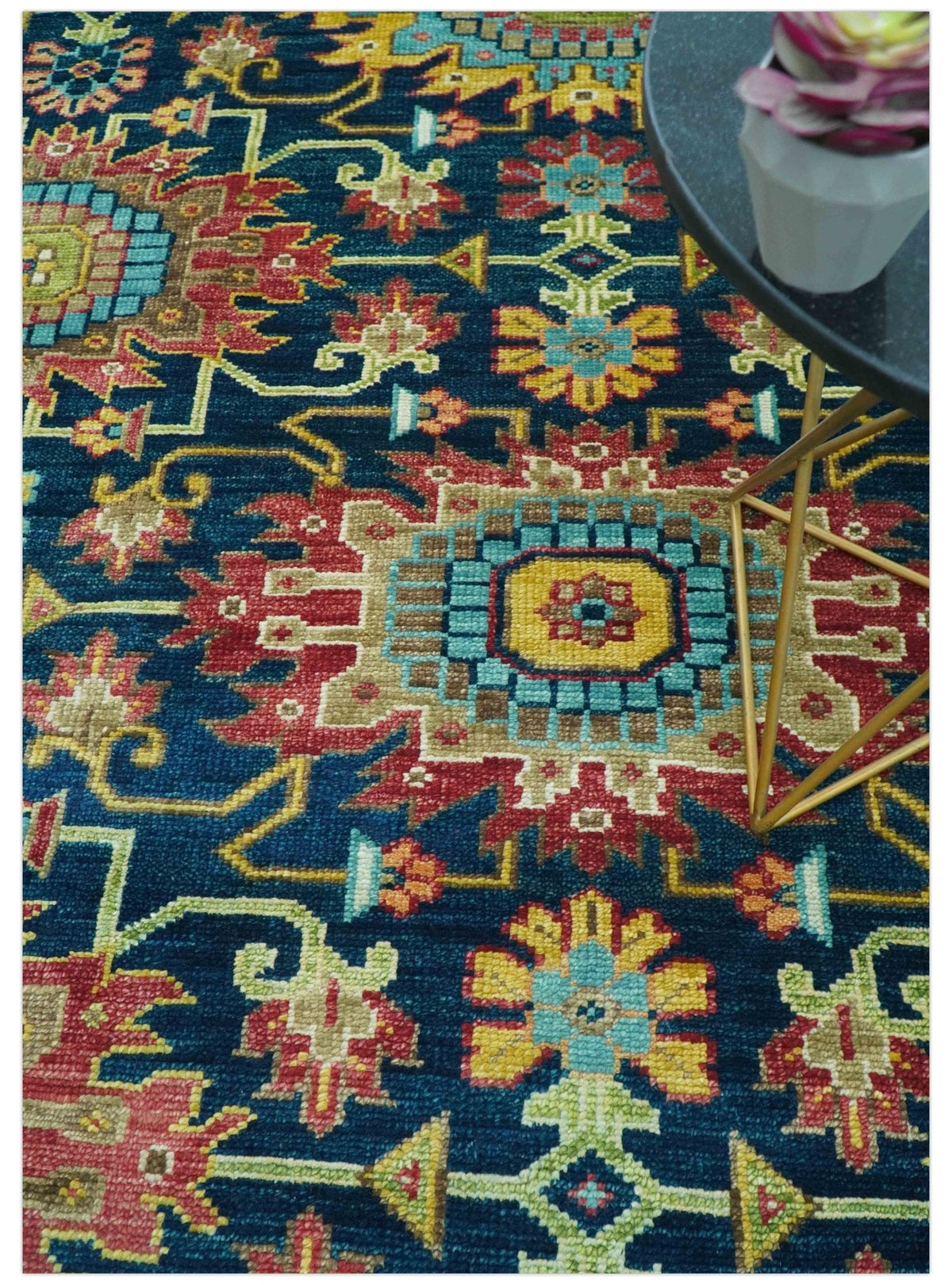 Custom Made Blue And Olive Traditional Medallion Hand Knotted Wool Rug.