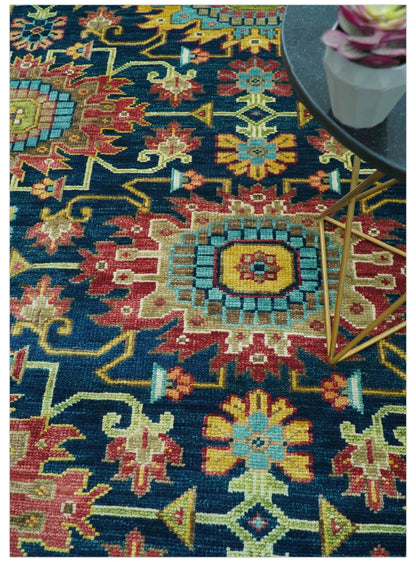 Custom Made Blue And Olive Traditional Medallion Hand Knotted Wool Rug.