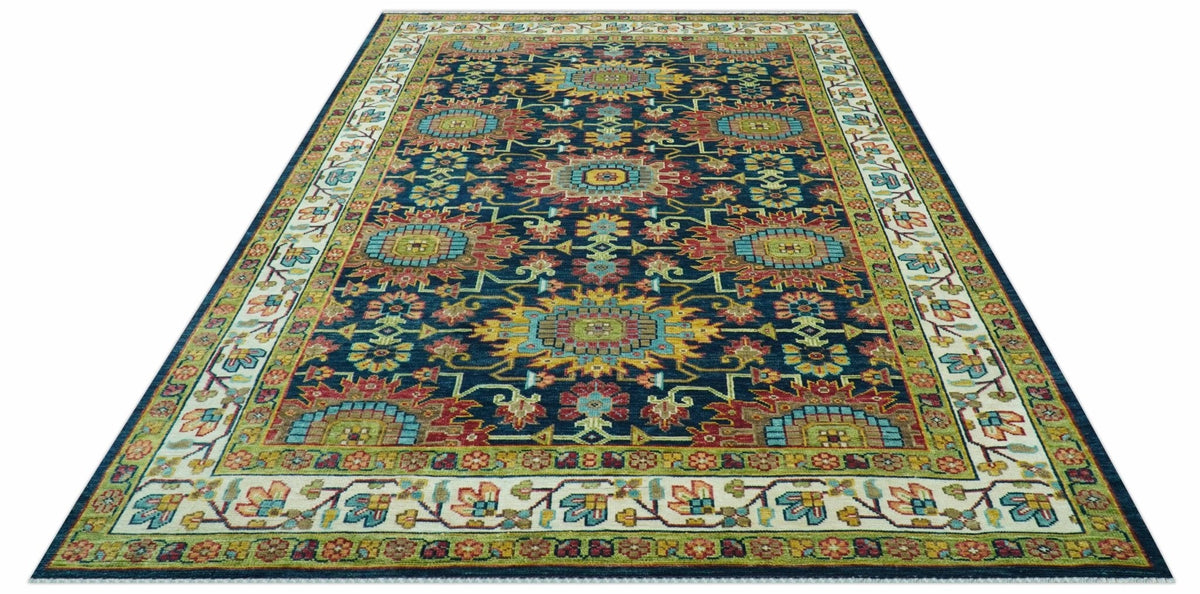 Custom Made Blue And Olive Traditional Medallion Hand Knotted Wool Rug.