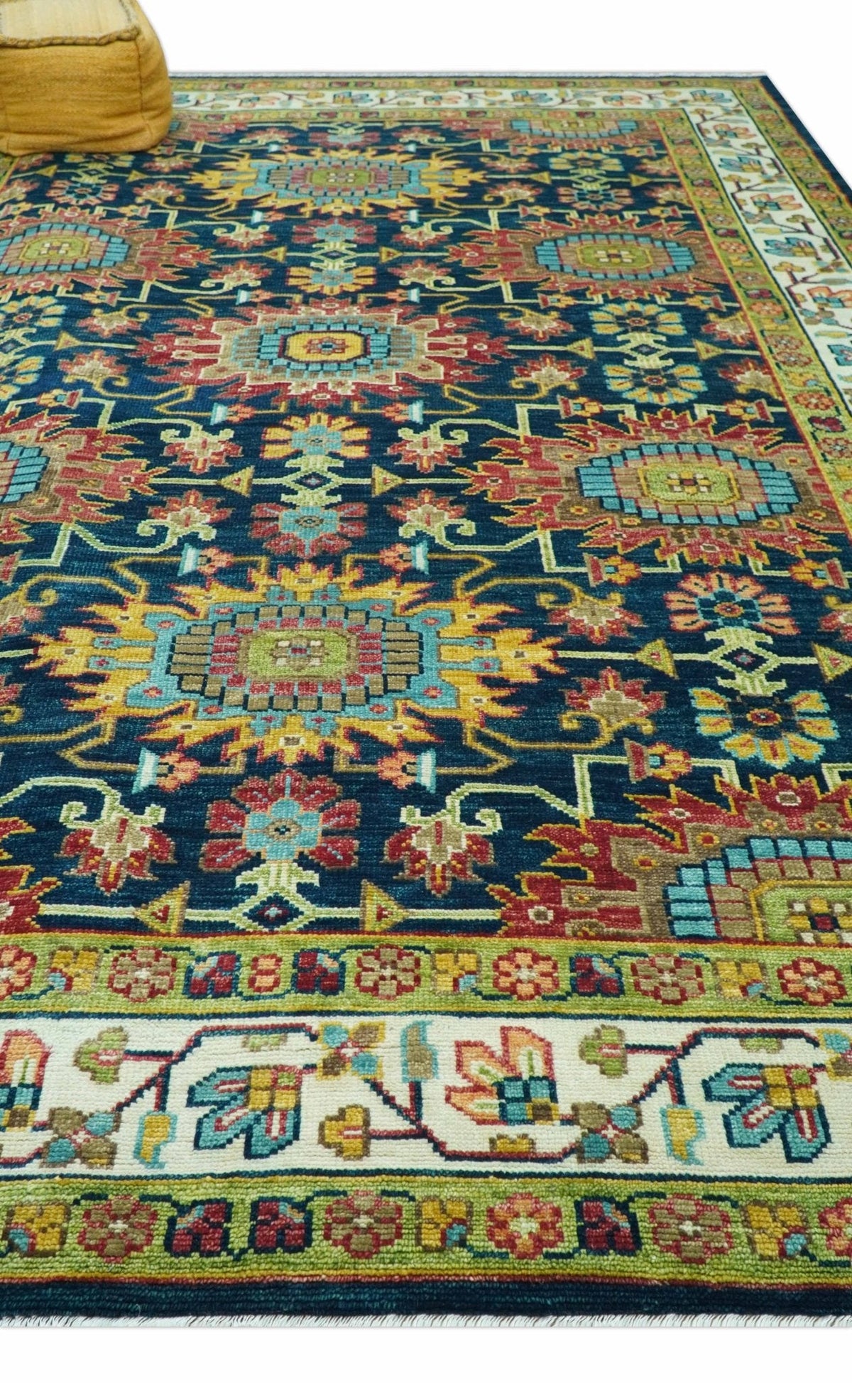 Custom Made Blue And Olive Traditional Medallion Hand Knotted Wool Rug.